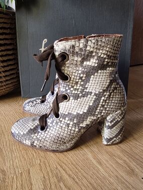 Snake-Print Lace-Up Block Heel Ankle Boots in Brown/Beige